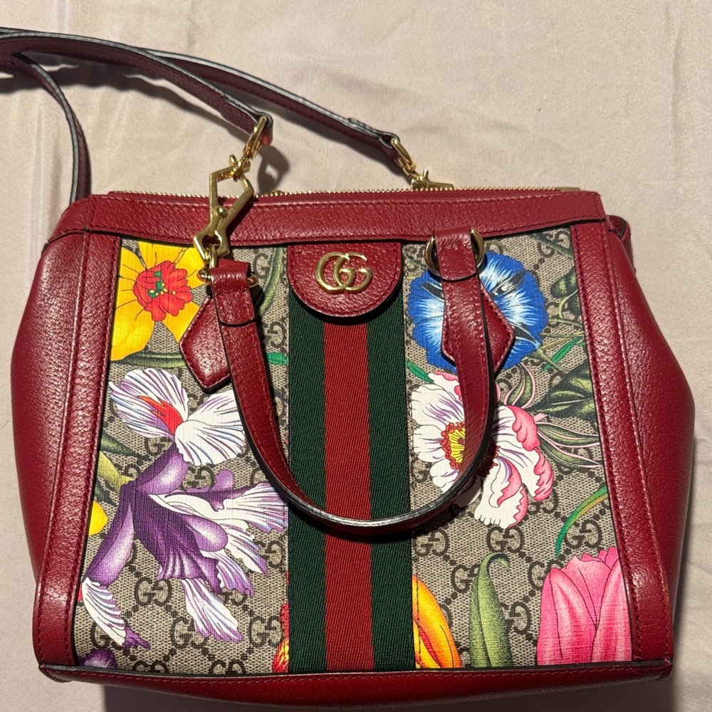 Gucci Red and Green Floral Satchel